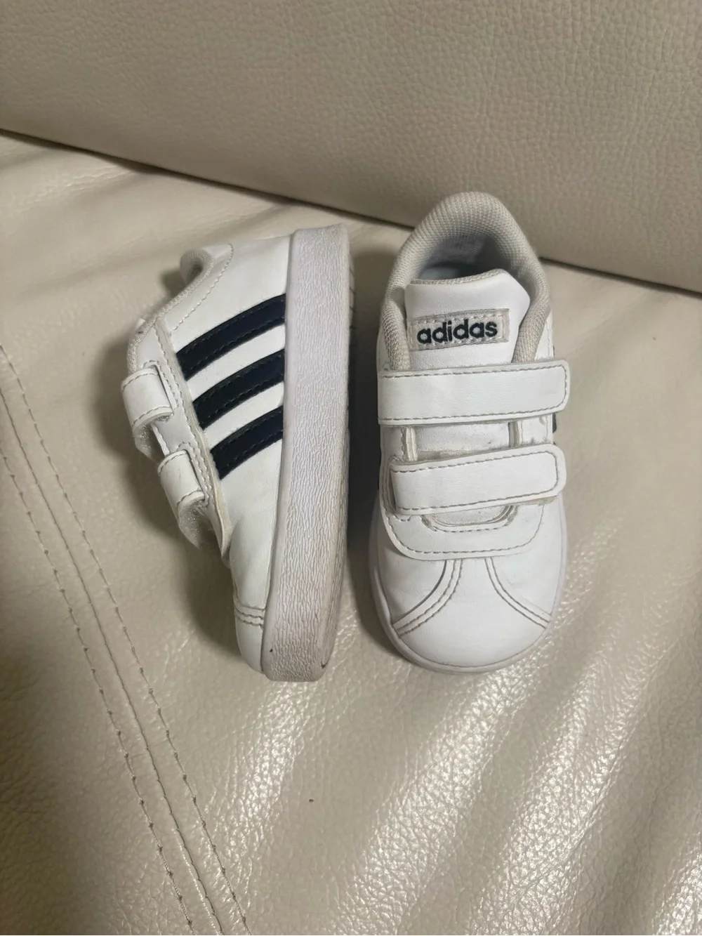 adidas Toddler White Sneakers Black Stripes Velcro Size 5.5